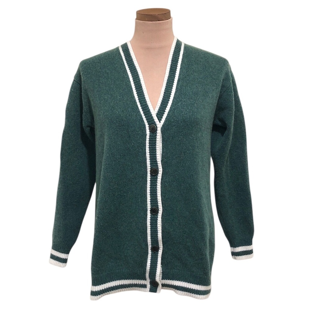 Sunday Best Cardigan Sweater Size XS Green White Striped Trim